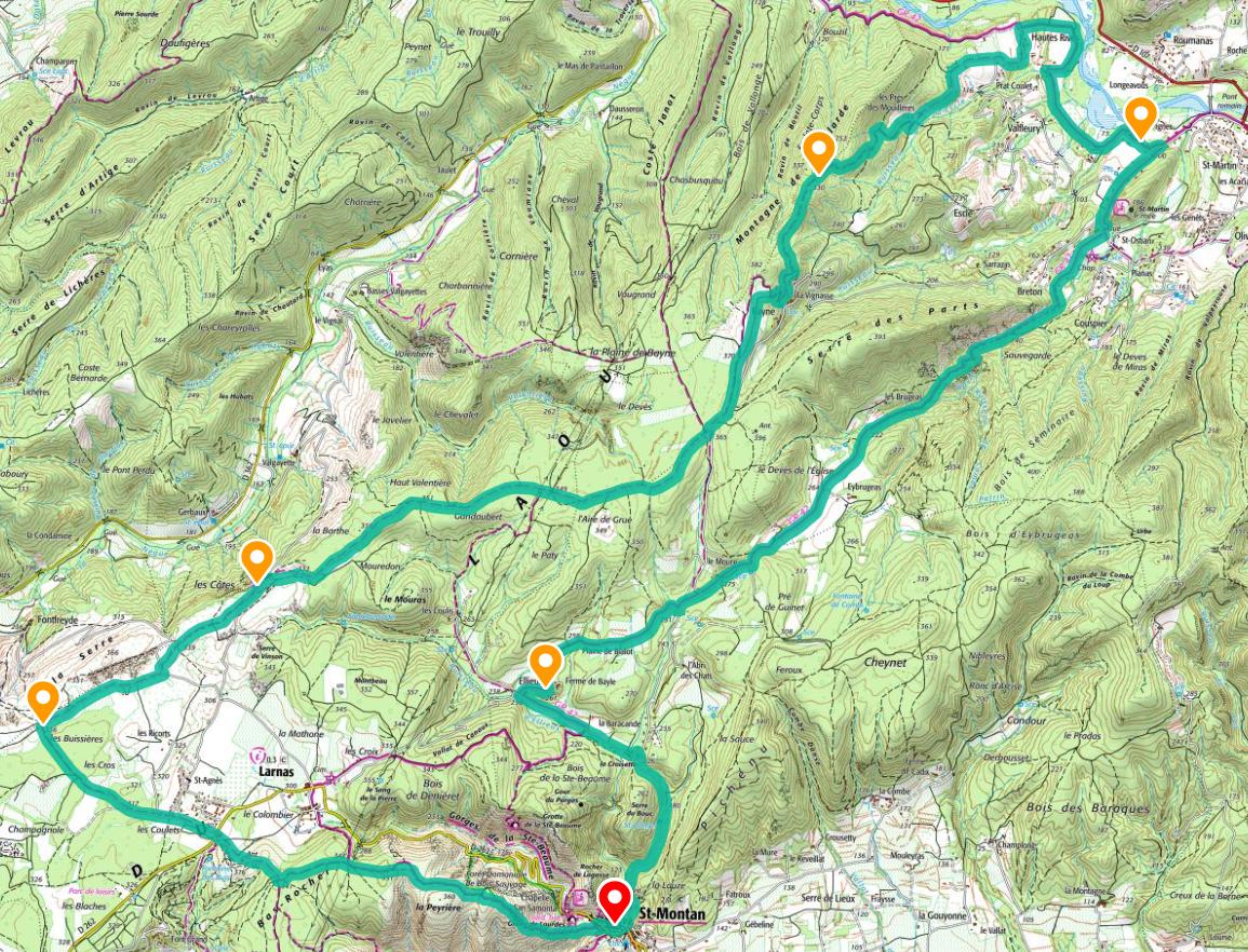[À TESTER] Une grande boucle de 25km (~6h30) qui suit le GR42 jusqu'à Viviers, et qui revient par Bayne, passe par un très beau point de vue au-dessus de Larnas.