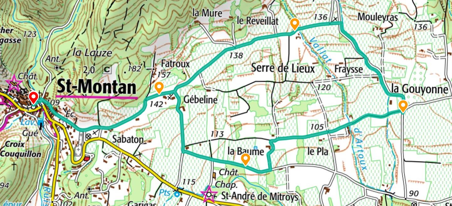Une boucle de 5,3km (~1h20) sur route goudronnée au milieu des vignes, petit détour possible par la chapelle Saint-André-2003.