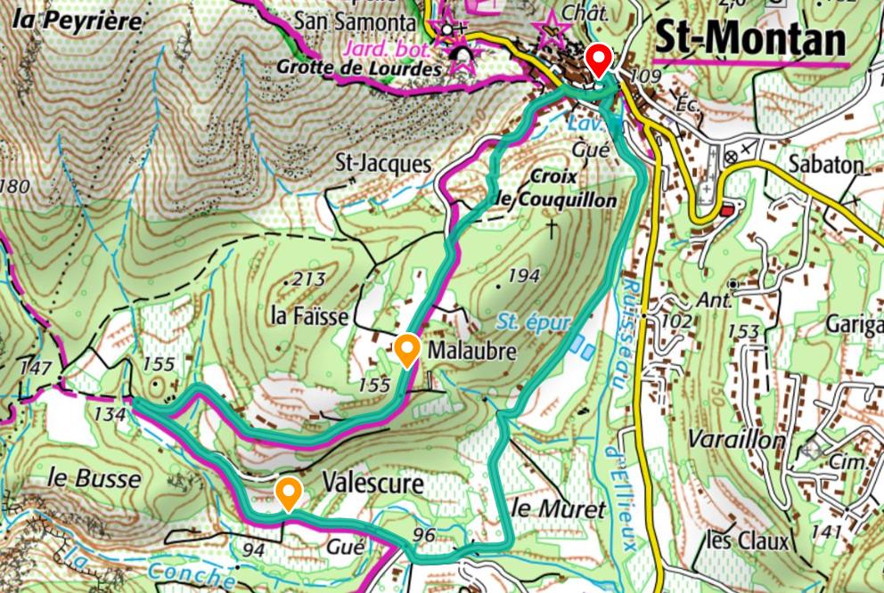 Petite boucle de 4km (~50min) sur route goudronnée qui passe au milieu des vignes, des oliviers et des cerisiers. Elle passe au-dessus de La Conche et revient par le quartier Valescure. Petit détour possible pas les jardins de Coquillons.