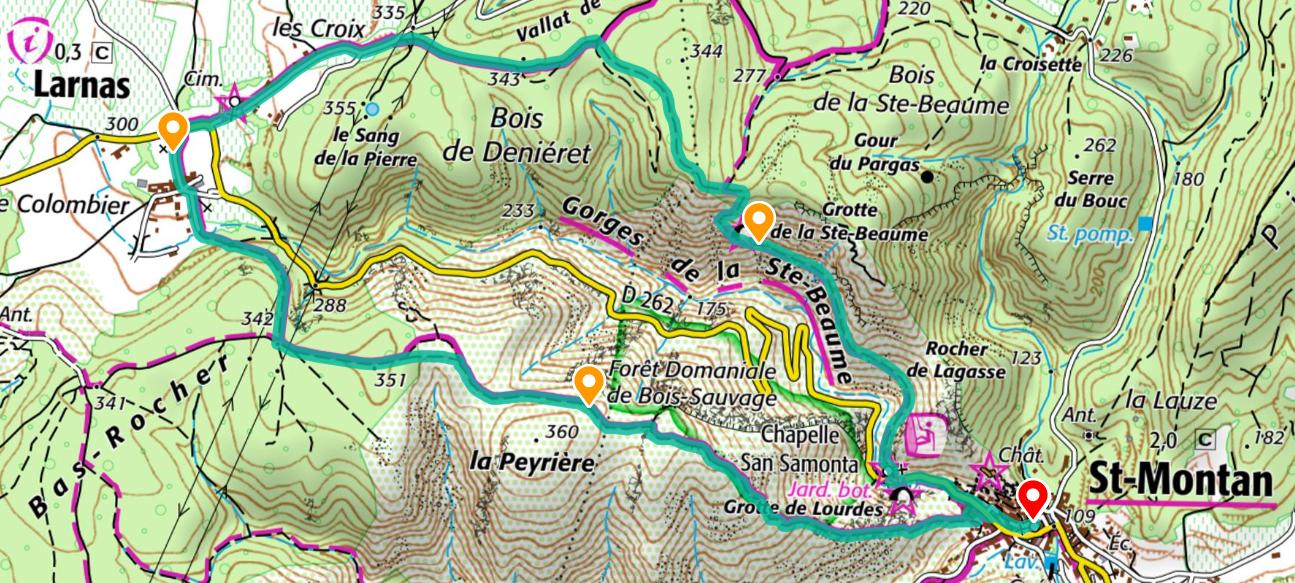 Boucle de 5,7km (~1h30) autour de la vallée de la Sainte-Beaume, qui passe par la chapelle San-Samonta, la grotte de l'ermite, Larnas et qui se termine par une très belle vue sur le château de Saint-Montan.