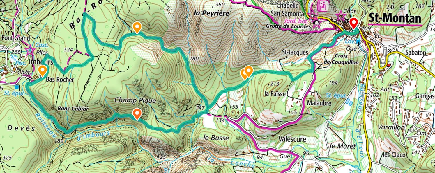 Boucle de 8,3km (~2h15) entièrement ombragée jusqu'à Imbours (petit détour possible pour voir la cascade) et retour par la vallée le long du ruisseau d'Imbours.